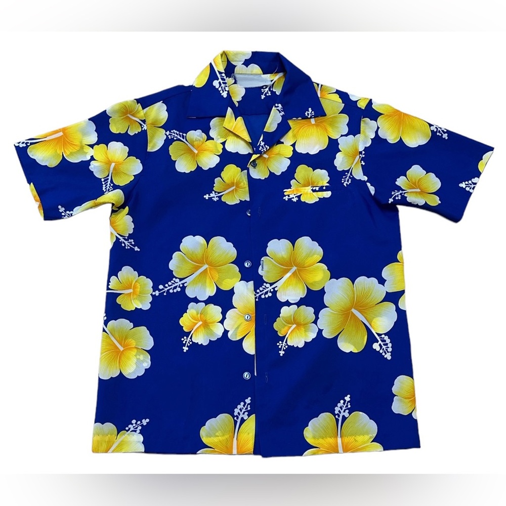 (SOLD) Hilo Hattie Vintage Men’s Blue Yellow Hawaiian Floral Button Up Shirt M